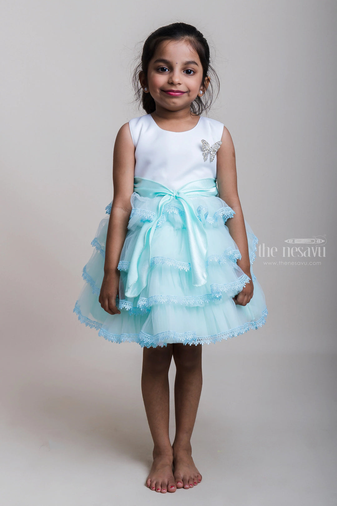 The Nesavu Party Frock Layered Blue Party Net Gown With Lace Embellishments For Girls Nesavu 16 (1Y) / Blue PF98A-16 Blue Party Net Frocks For Girls | Festive Collection| The Nesavu