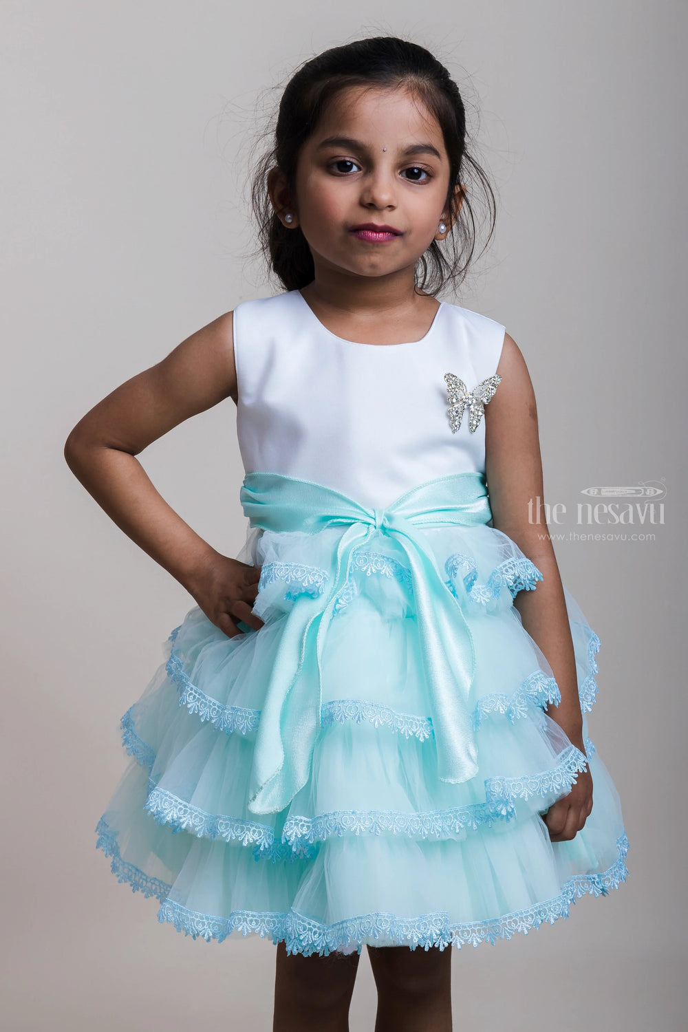 The Nesavu Party Frock Layered Blue Party Net Gown With Lace Embellishments For Girls Nesavu Blue Party Net Frocks For Girls | Festive Collection| The Nesavu