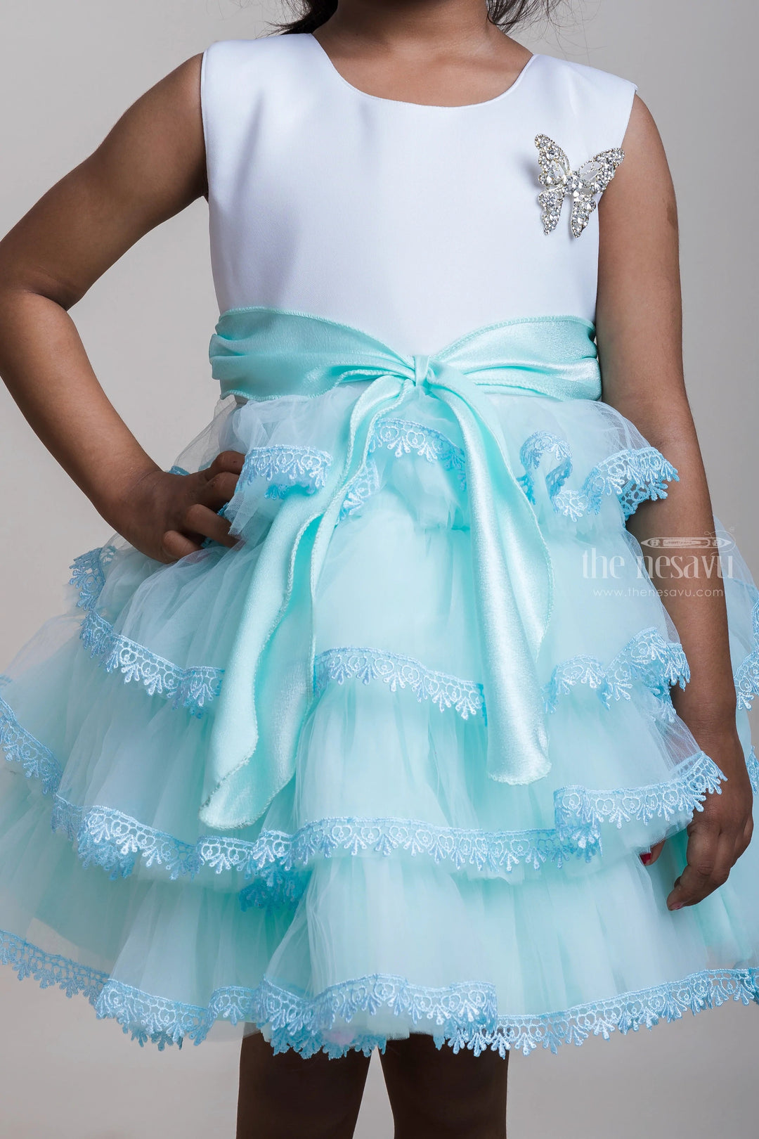 The Nesavu Party Frock Layered Blue Party Net Gown With Lace Embellishments For Girls Nesavu Blue Party Net Frocks For Girls | Festive Collection| The Nesavu