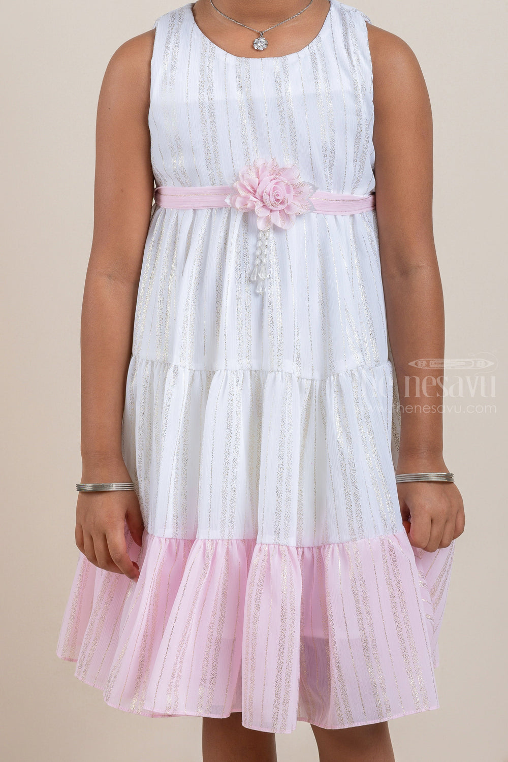 The Nesavu Frocks & Dresses Layered Pink and Cream White A-Line Frock with Floral Embellished Belt psr silks Nesavu