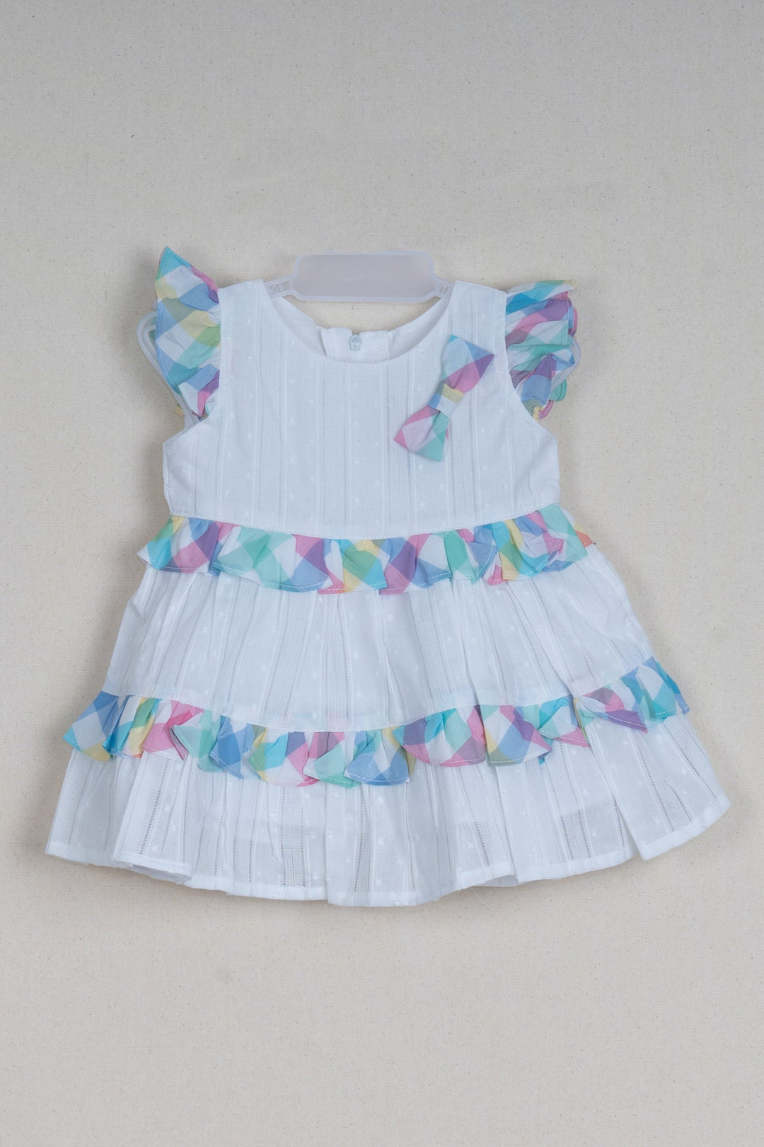 The Nesavu Baby Cotton Frocks Layered White Dobby Striped Cotton Frock with Madras Checked Pleats for Baby Girls Nesavu 14 (6M) / White / Cotton BFJ417A-14 Adorable Baby Frock - Layered White Dobby Striped Cotton Frock with Madras Checked Pleats | The Nesavu
