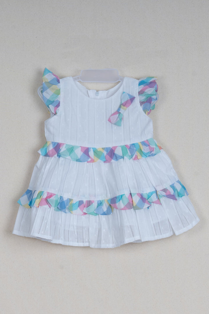 The Nesavu Baby Cotton Frocks Layered White Dobby Striped Cotton Frock with Madras Checked Pleats for Baby Girls Nesavu 14 (6M) / White / Cotton BFJ417A-14 Adorable Baby Frock - Layered White Dobby Striped Cotton Frock with Madras Checked Pleats | The Nesavu