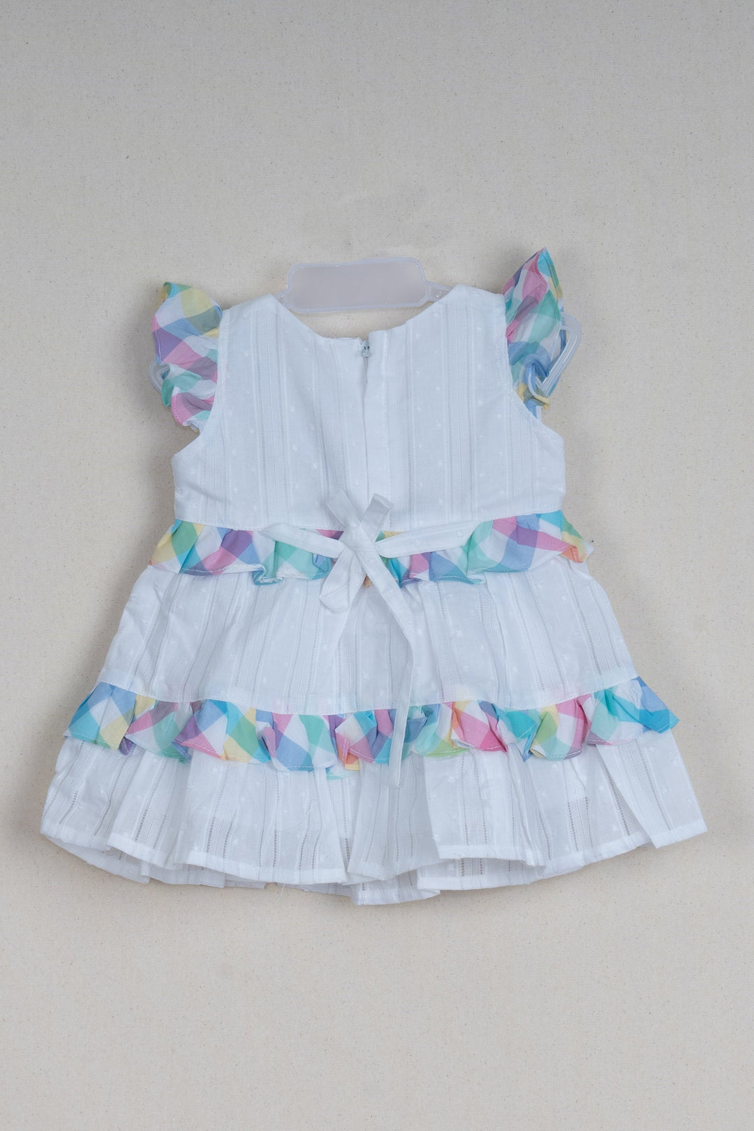 The Nesavu Baby Cotton Frocks Layered White Dobby Striped Cotton Frock with Madras Checked Pleats for Baby Girls Nesavu 14 (6M) / White / Cotton BFJ417A-14 Adorable Baby Frock - Layered White Dobby Striped Cotton Frock with Madras Checked Pleats | The Nesavu