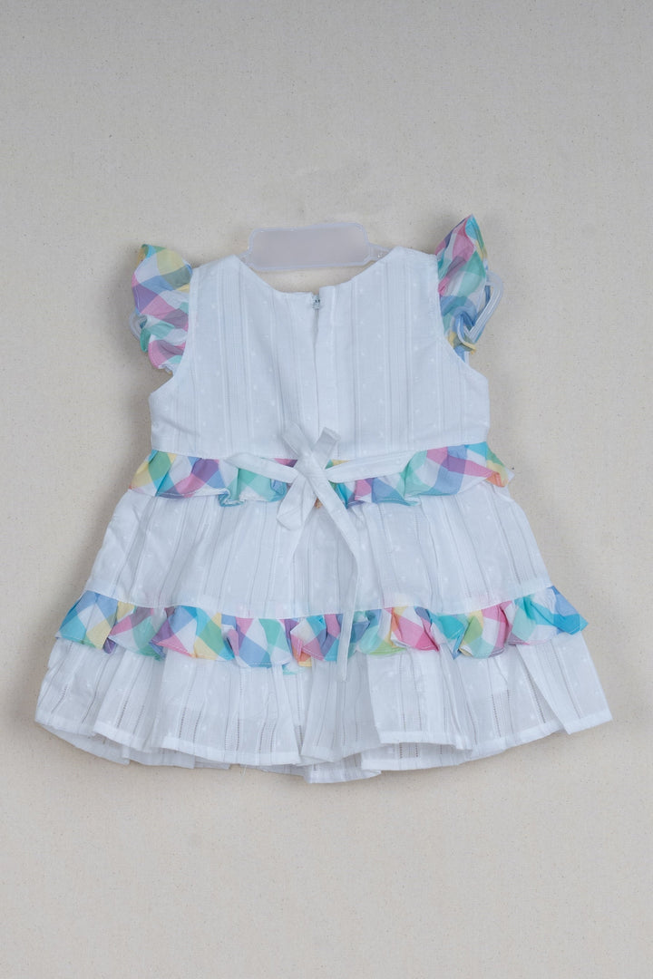 The Nesavu Baby Cotton Frocks Layered White Dobby Striped Cotton Frock with Madras Checked Pleats for Baby Girls Nesavu 14 (6M) / White / Cotton BFJ417A-14 Adorable Baby Frock - Layered White Dobby Striped Cotton Frock with Madras Checked Pleats | The Nesavu