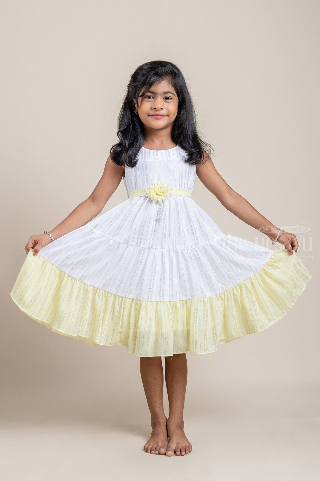 The Nesavu Frocks & Dresses Layered Yellow and Cream A-Line Frock with Floral Embellished Belt psr silks Nesavu 16 (1Y) / White / Georgette GFC1091A