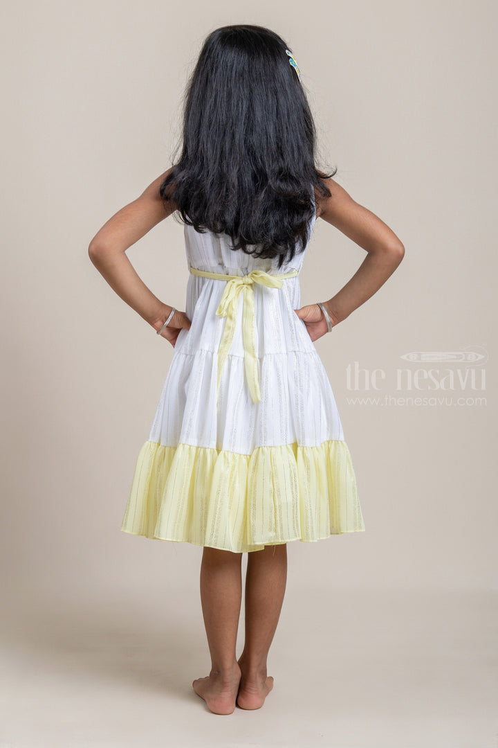 The Nesavu Frocks & Dresses Layered Yellow and Cream A-Line Frock with Floral Embellished Belt psr silks Nesavu