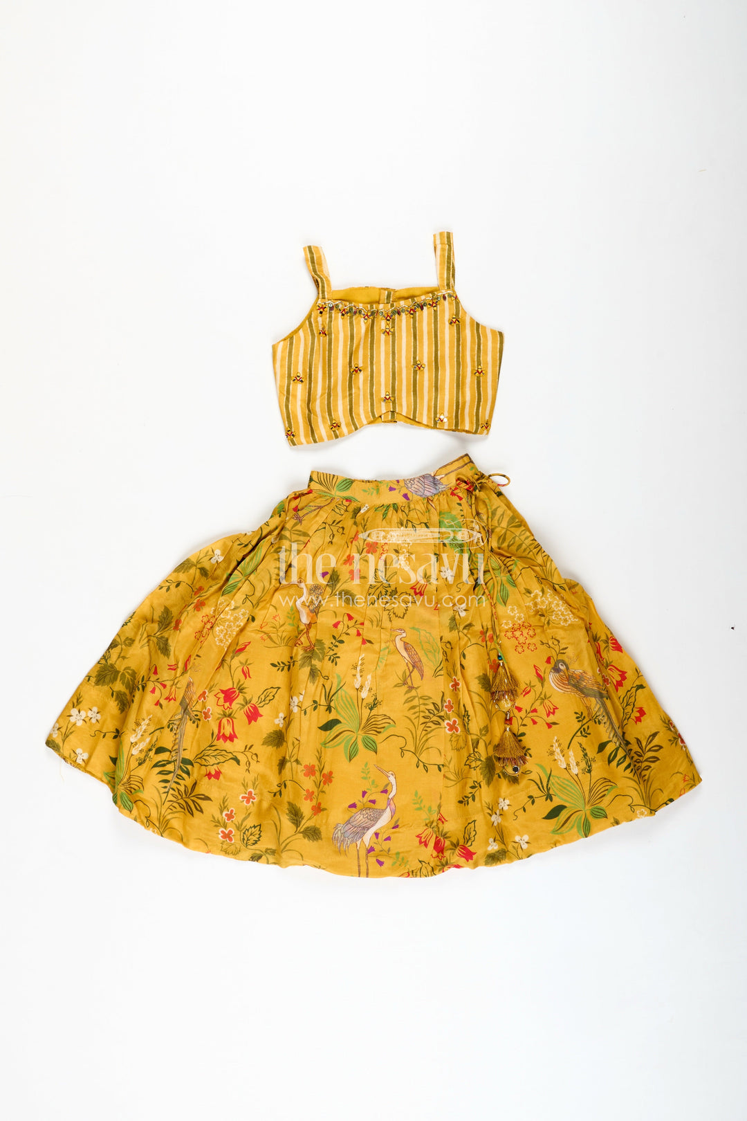 The Nesavu Girls Lehenga Choli Lehenga for Girls with Mirror Work Occasionwear Set Nesavu 18 (2Y) / Yellow GL666B-18 Nesavu Yellow Girls Printed Lehenga Set Striped Mirror Work Blouse Special Festive Occasions
