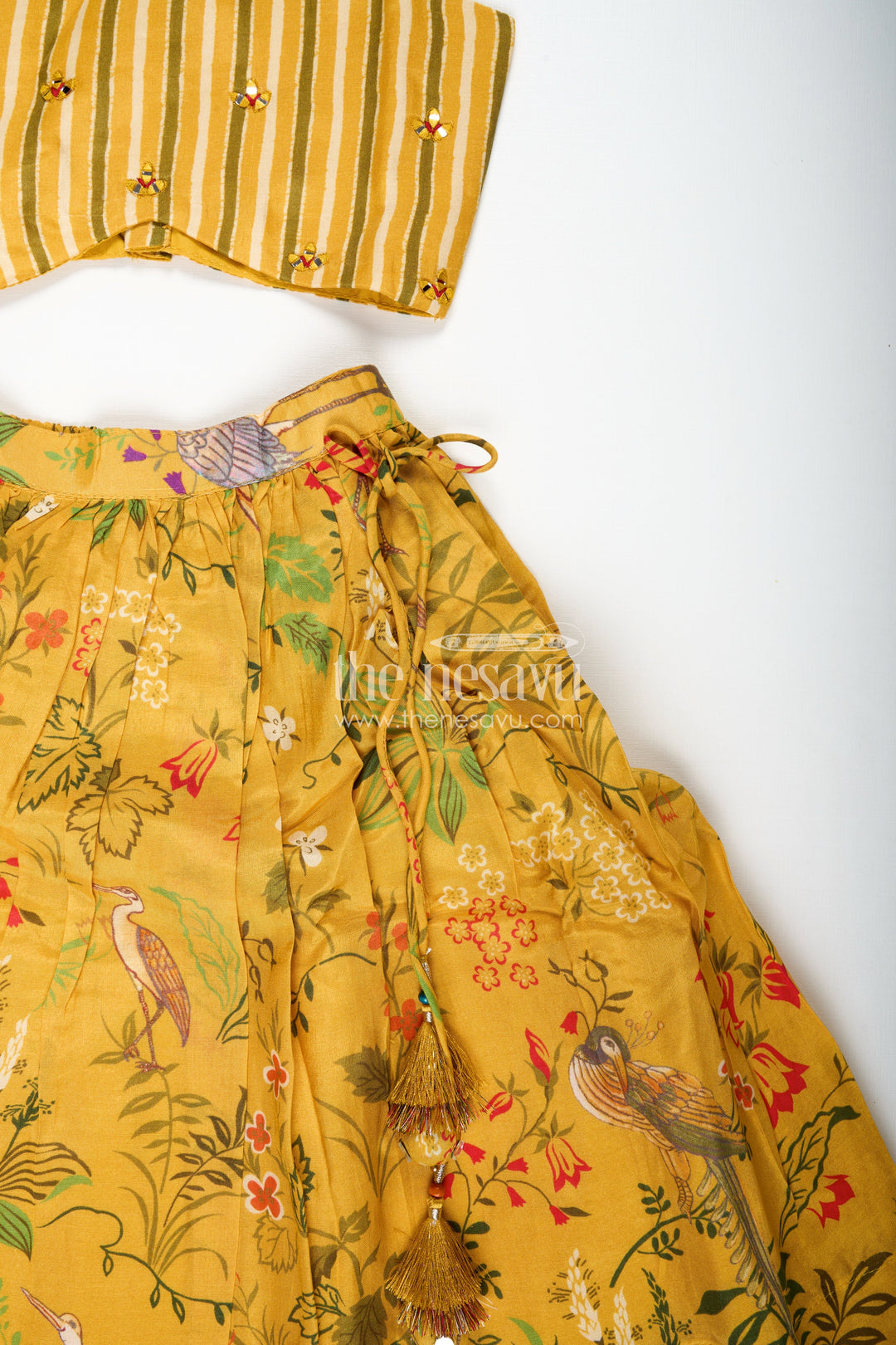 The Nesavu Girls Lehenga Choli Lehenga for Girls with Mirror Work Occasionwear Set Nesavu Nesavu Yellow Girls Printed Lehenga Set Striped Mirror Work Blouse Special Festive Occasions