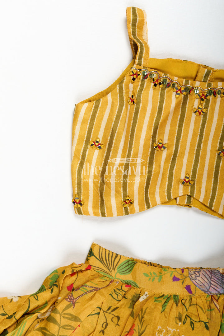 The Nesavu Girls Lehenga Choli Lehenga for Girls with Mirror Work Occasionwear Set Nesavu Nesavu Yellow Girls Printed Lehenga Set Striped Mirror Work Blouse Special Festive Occasions