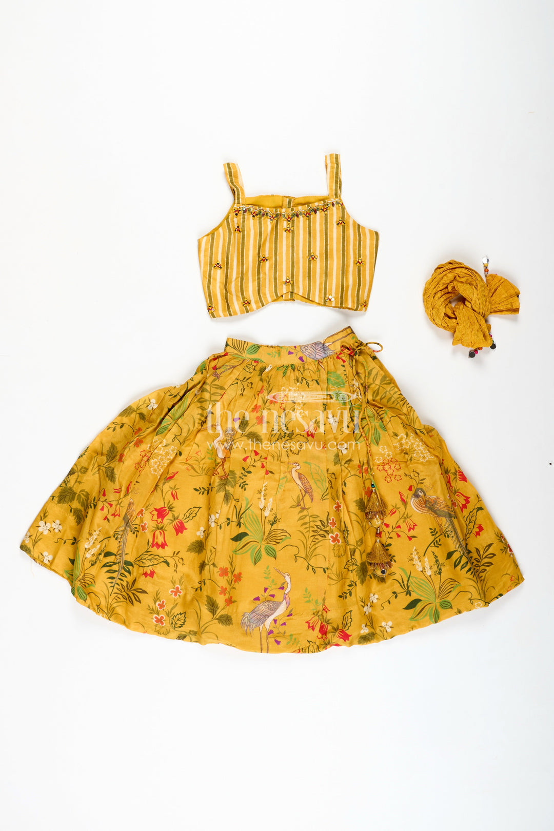 The Nesavu Girls Lehenga Choli Lehenga for Girls with Mirror Work Occasionwear Set Nesavu Nesavu Yellow Girls Printed Lehenga Set Striped Mirror Work Blouse Special Festive Occasions