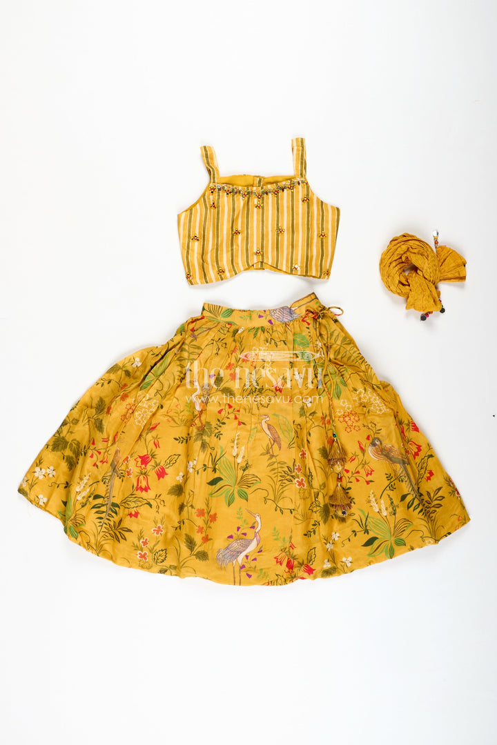 The Nesavu Girls Lehenga Choli Lehenga for Girls with Mirror Work Occasionwear Set Nesavu Nesavu Yellow Girls Printed Lehenga Set Striped Mirror Work Blouse Special Festive Occasions