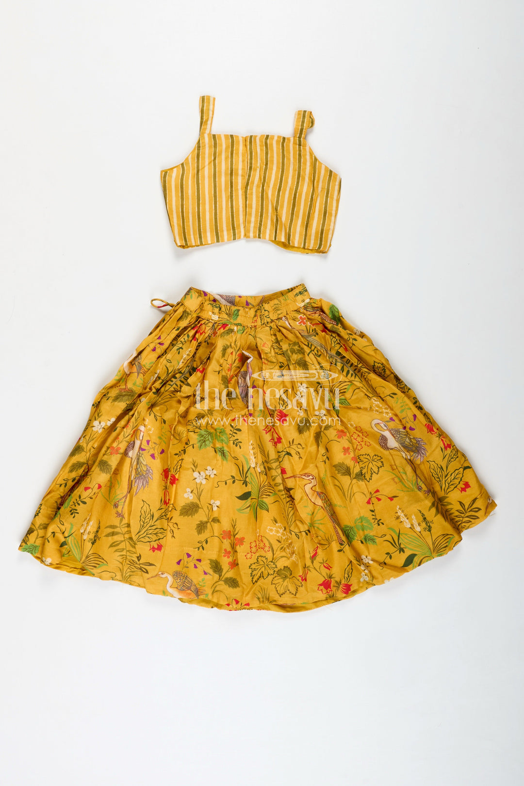 The Nesavu Girls Lehenga Choli Lehenga for Girls with Mirror Work Occasionwear Set Nesavu Nesavu Yellow Girls Printed Lehenga Set Striped Mirror Work Blouse Special Festive Occasions