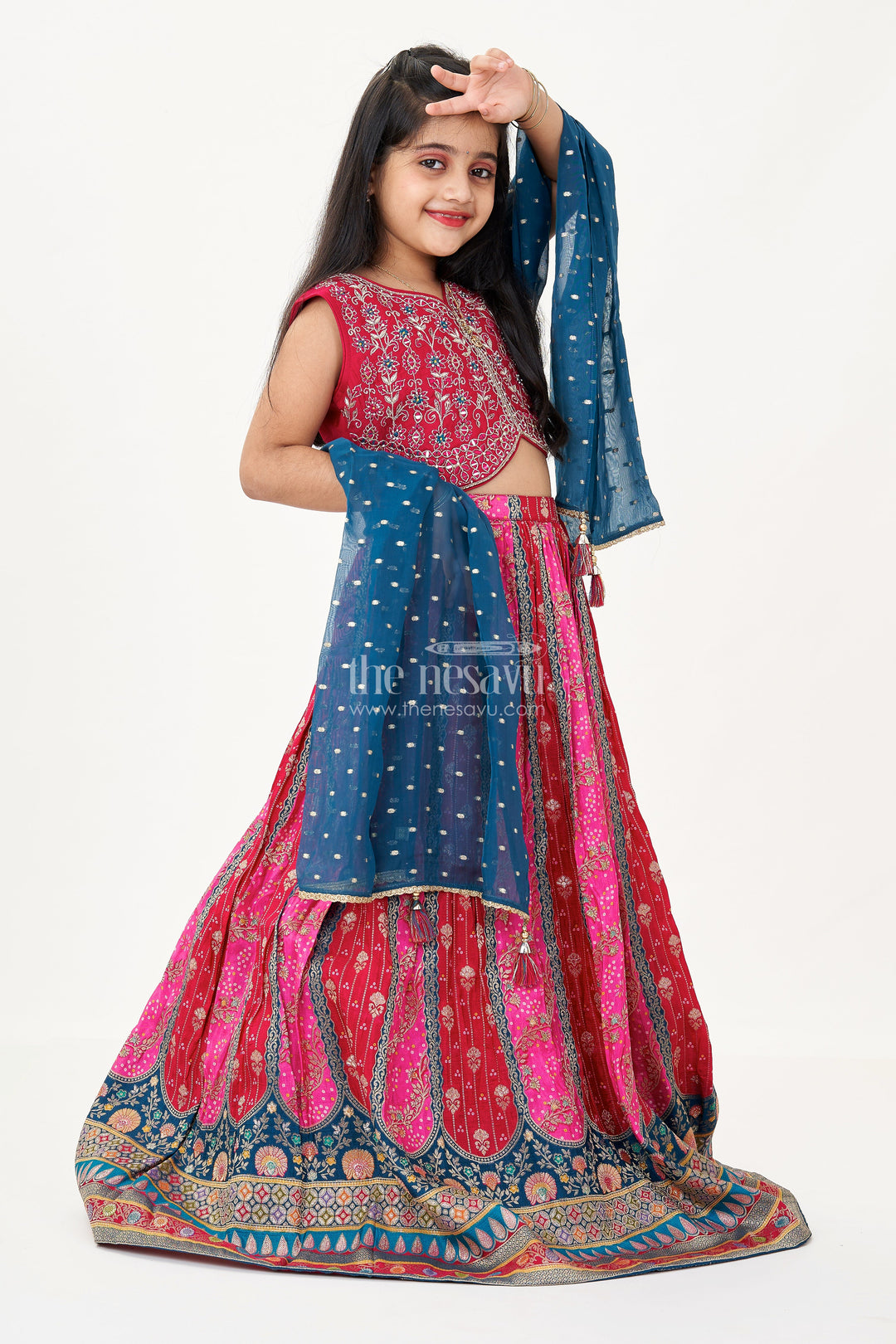 The Nesavu Girls Lehenga Choli Lehenga for Kids in Pure Viscose Silk with Multicolor Digital Print and Embroidered Choli Nesavu 24 (5Y) / Pink GL621A-24 Nesavu Lehenga Kids Viscose Silk Printed Skirt Embroidered Mirror Work Choli