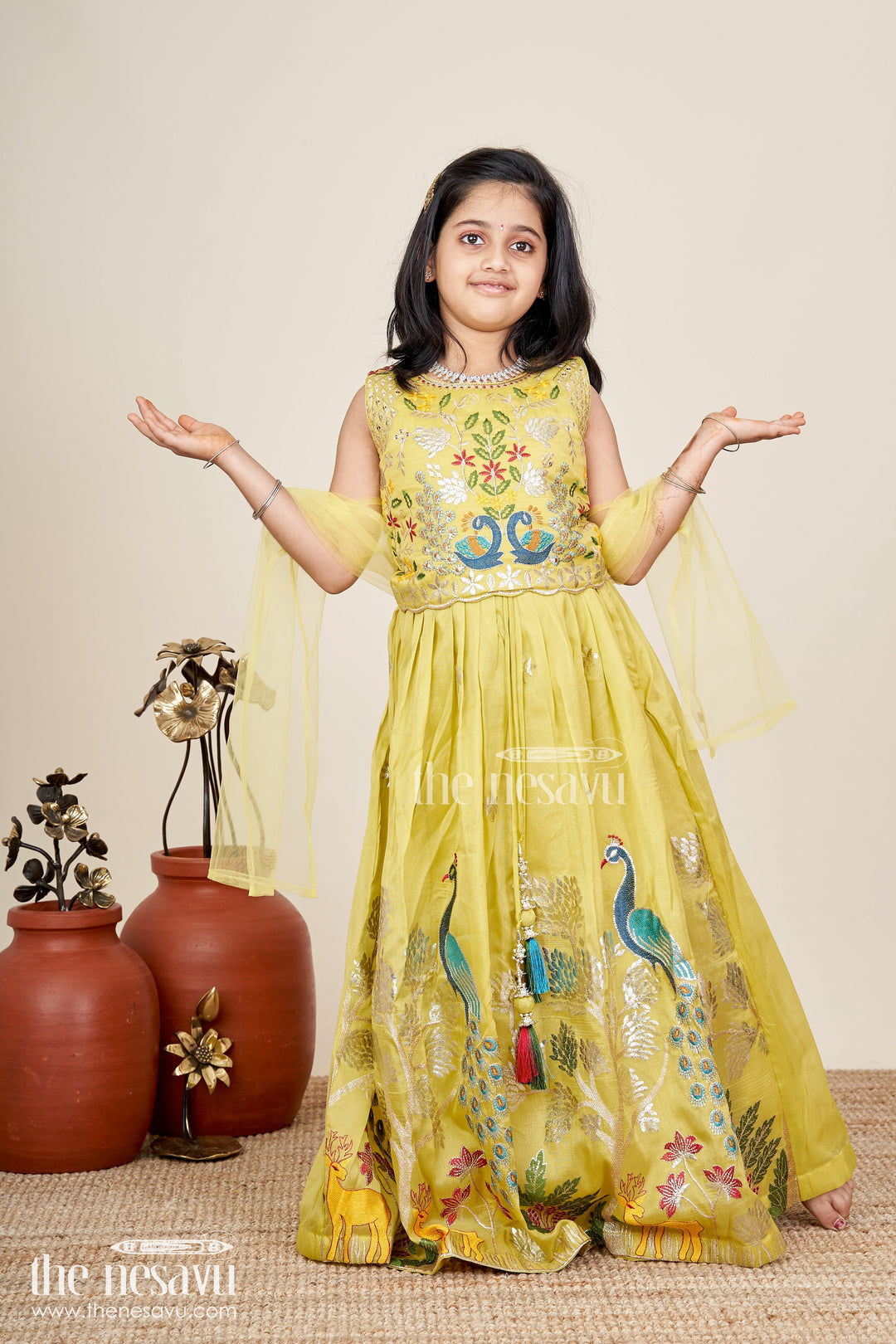 The Nesavu Girls Ethnic Lehenga Lehenga for Special Occasions in Olive Green Kora Silk Cotton with Vibrant Peacock Embroidery and Tassels Nesavu 24 (5Y) / Yellow GL650D-24 Nesavu Olive Green Girls Lehenga Special Occasions Peacock Embroidery Silk Cotton Finish