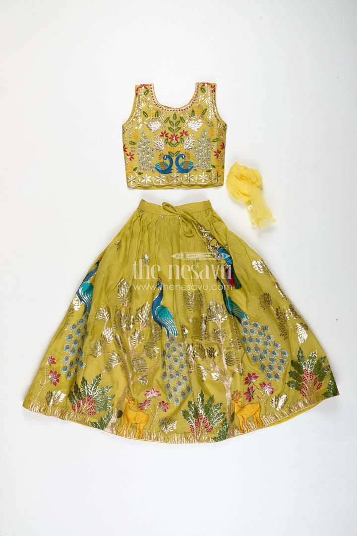 The Nesavu Girls Ethnic Lehenga Lehenga for Special Occasions in Olive Green Kora Silk Cotton with Vibrant Peacock Embroidery and Tassels Nesavu Nesavu Olive Green Girls Lehenga Special Occasions Peacock Embroidery Silk Cotton Finish