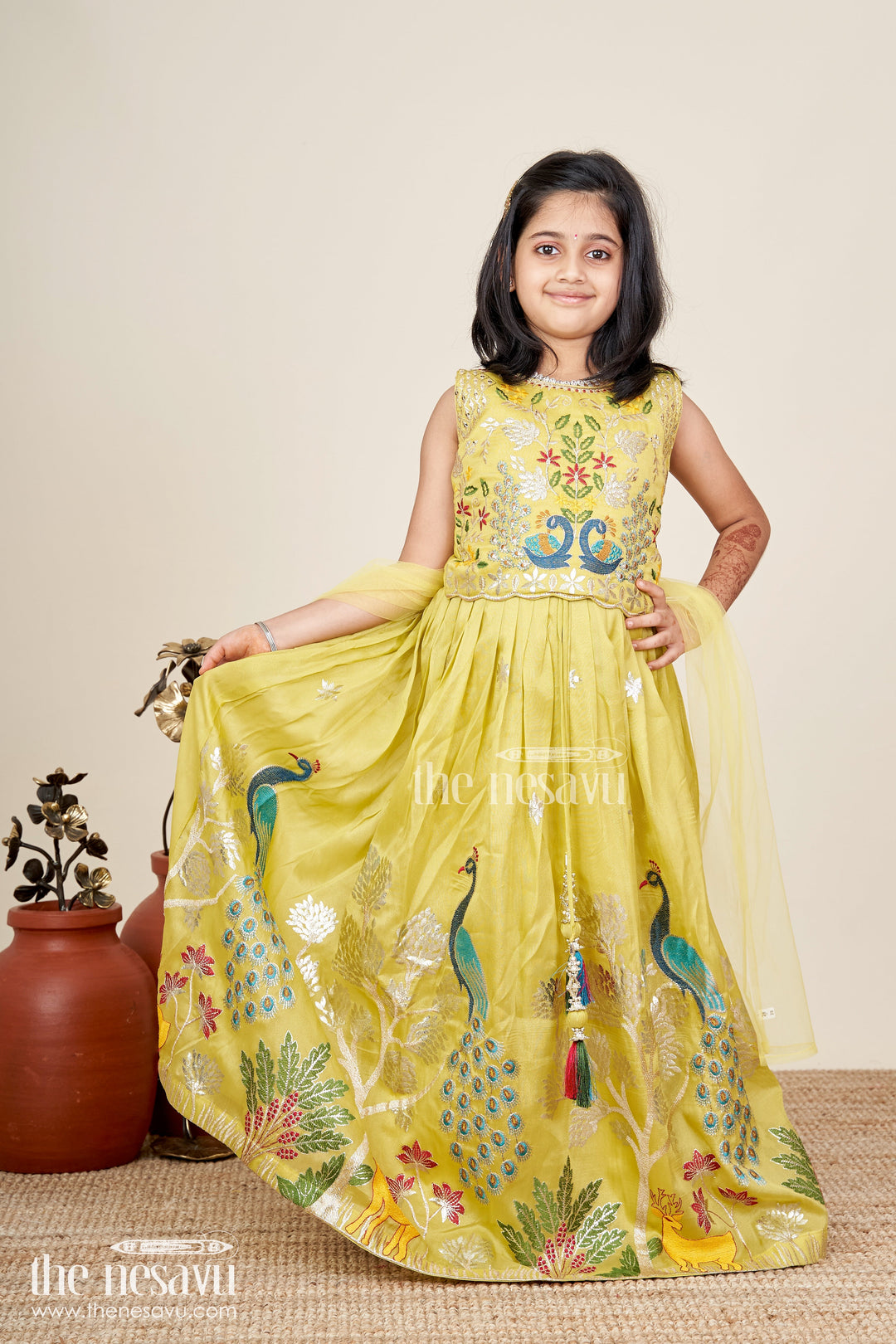 The Nesavu Girls Ethnic Lehenga Lehenga for Special Occasions in Olive Green Kora Silk Cotton with Vibrant Peacock Embroidery and Tassels Nesavu Nesavu Olive Green Girls Lehenga Special Occasions Peacock Embroidery Silk Cotton Finish