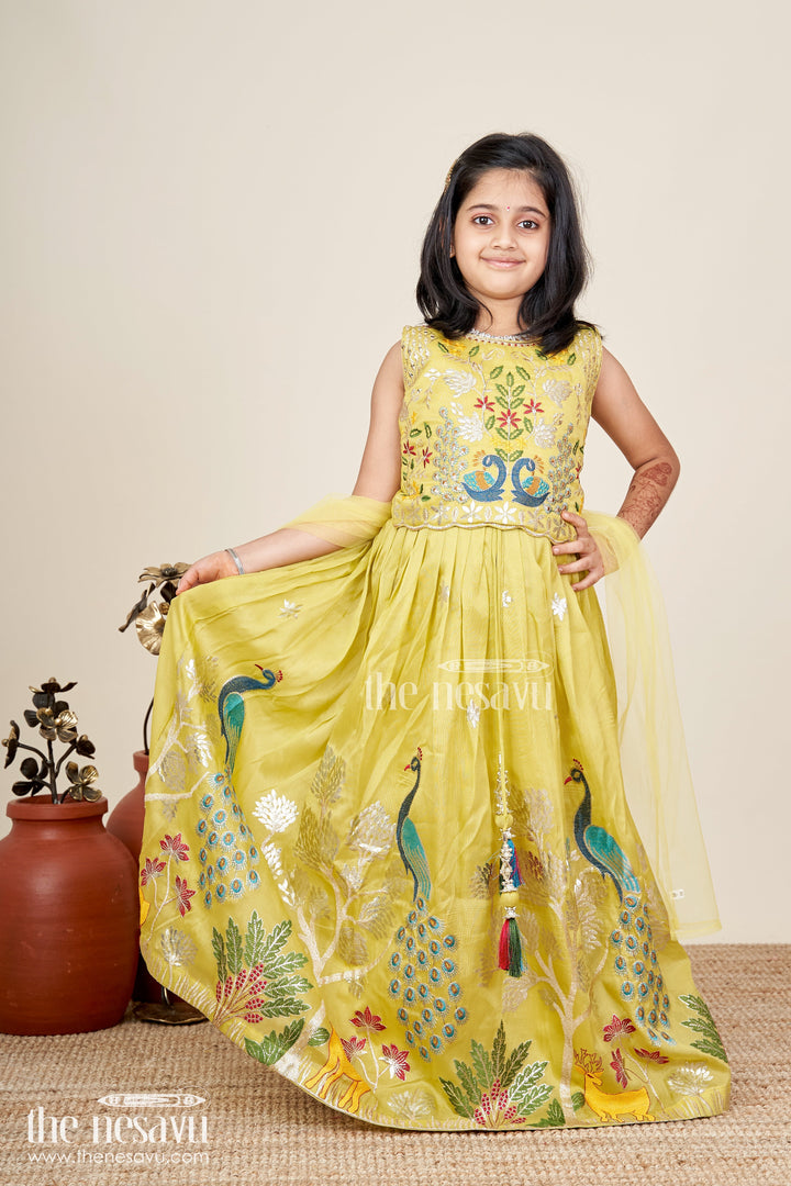 The Nesavu Girls Ethnic Lehenga Lehenga for Special Occasions in Olive Green Kora Silk Cotton with Vibrant Peacock Embroidery and Tassels Nesavu Nesavu Olive Green Girls Lehenga Special Occasions Peacock Embroidery Silk Cotton Finish
