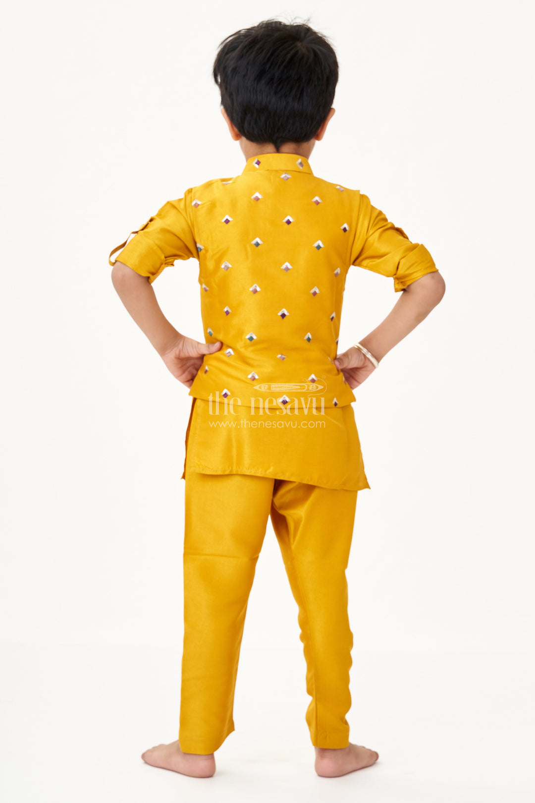 The Nesavu Boys Kurtha Set Lemon Yellow Kurta Set for Boys with Thread Embroidered Jacket and Stylish Dhoti Pants Nesavu Nesavu Boys Lemon Yellow Kurta Set Embroidered Jacket Dhoti Pants Viscose Blend