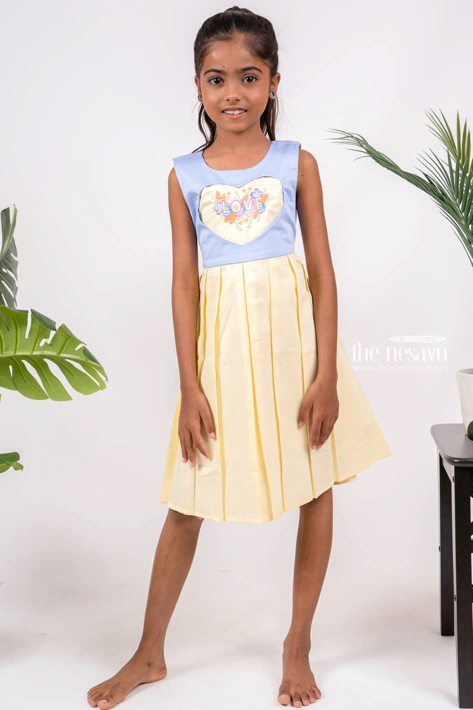 The Nesavu Girls Cotton Frock Lemon Yellow N Powder Blue Cotton Dress for Girl Kid Nesavu 16 (1Y) / Yellow GFC689-16