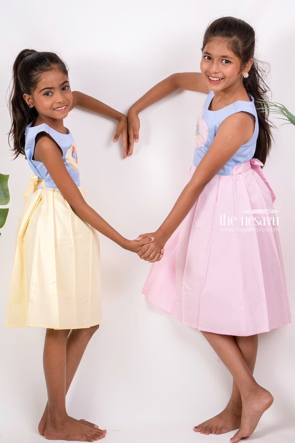 The Nesavu Girls Cotton Frock Lemon Yellow N Powder Blue Cotton Dress for Girl Kid Nesavu