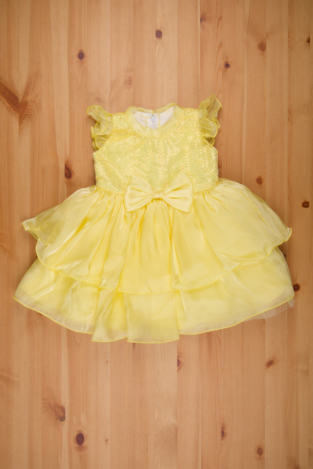 The Nesavu Girls Fancy Party Frock Lemon Yellow Sequin Yoke A-Line Gown for Baby Girls - Monotone Fancy Frock with Bow & Dual Layers Nesavu 16 (1Y) / Yellow / Organza Tissue PF129A-16 Birthday Dress Boutique | Birthday Frock Baby 1 Year | The Nesavu