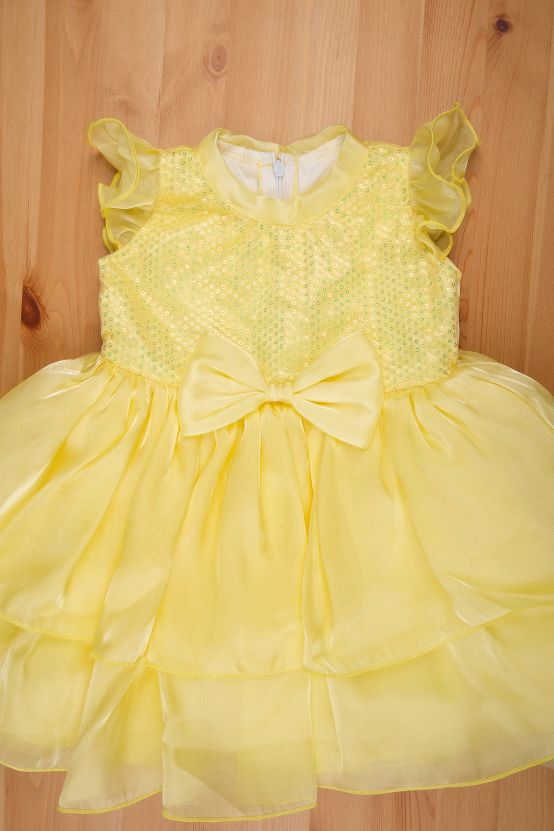 The Nesavu Girls Fancy Party Frock Lemon Yellow Sequin Yoke A-Line Gown for Baby Girls - Monotone Fancy Frock with Bow & Dual Layers Nesavu Birthday Dress Boutique | Birthday Frock Baby 1 Year | The Nesavu