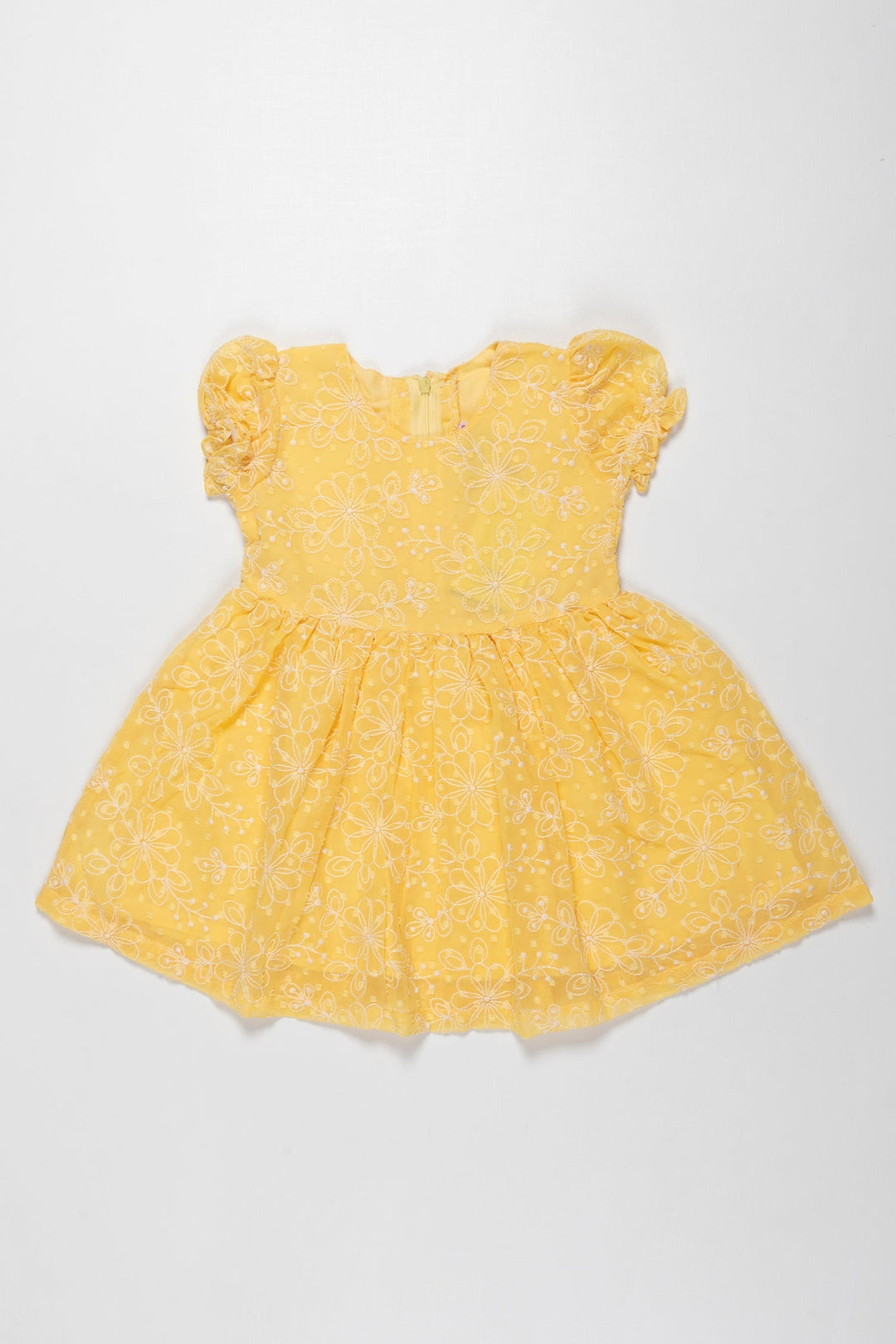 The Nesavu Girls Cotton Frock Lemon Zest Embroidered Cotton Frock for Girls - Summer Radiance Collection Nesavu 20 (3Y) / Yellow / Georgette GFC1276B-20 Girls Summer Yellow Cotton Frock with White Embroidery | The Nesavu