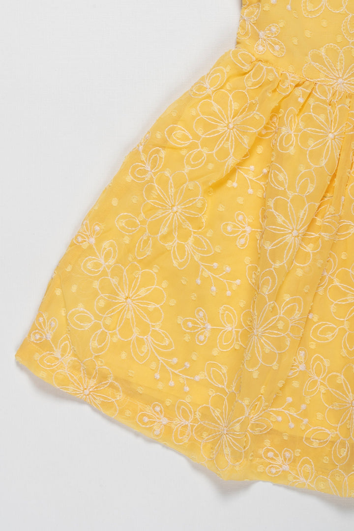 The Nesavu Girls Cotton Frock Lemon Zest Embroidered Cotton Frock for Girls - Summer Radiance Collection Nesavu Girls Summer Yellow Cotton Frock with White Embroidery | The Nesavu