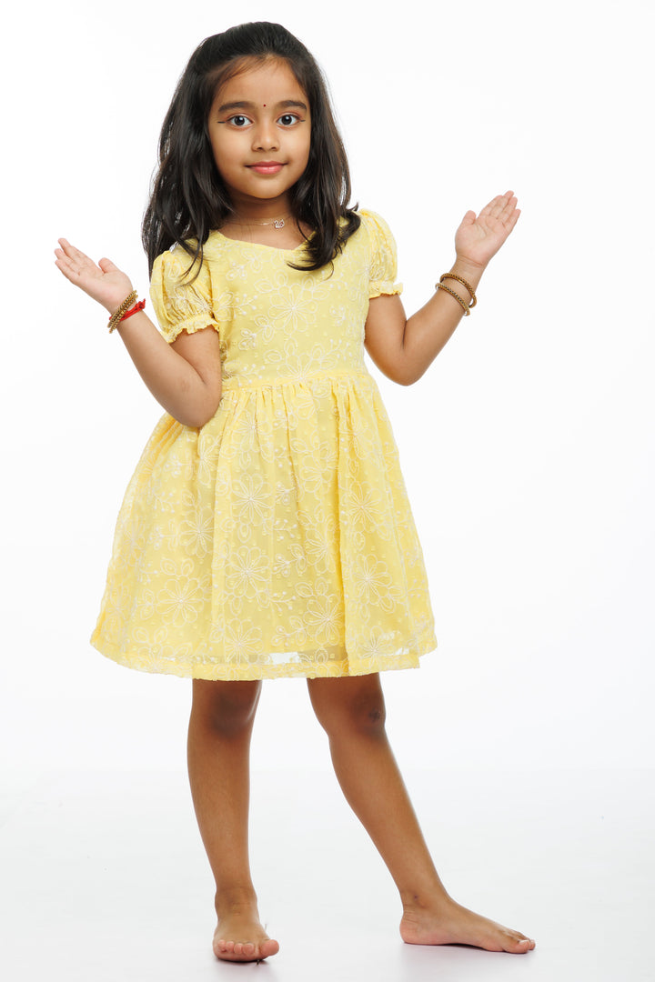 The Nesavu Girls Cotton Frock Lemon Zest Embroidered Cotton Frock for Girls - Summer Radiance Collection Nesavu Girls Summer Yellow Cotton Frock with White Embroidery | The Nesavu