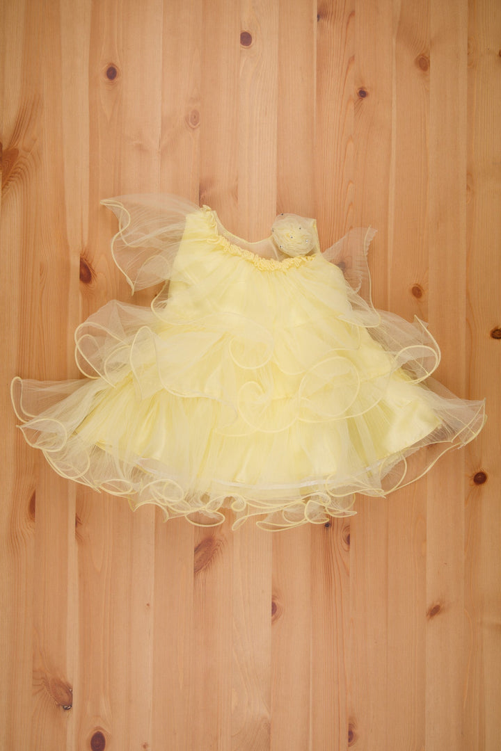 The Nesavu Girls Tutu Frock Lemon Zest Off-Shoulder Net Frock with Frills - Must-Have Baby Girl Party Gown Nesavu 14 (6M) / Yellow / Net PF130B-14 Kid Birthday Frock | Party Frocks For Girls | The Nesavu