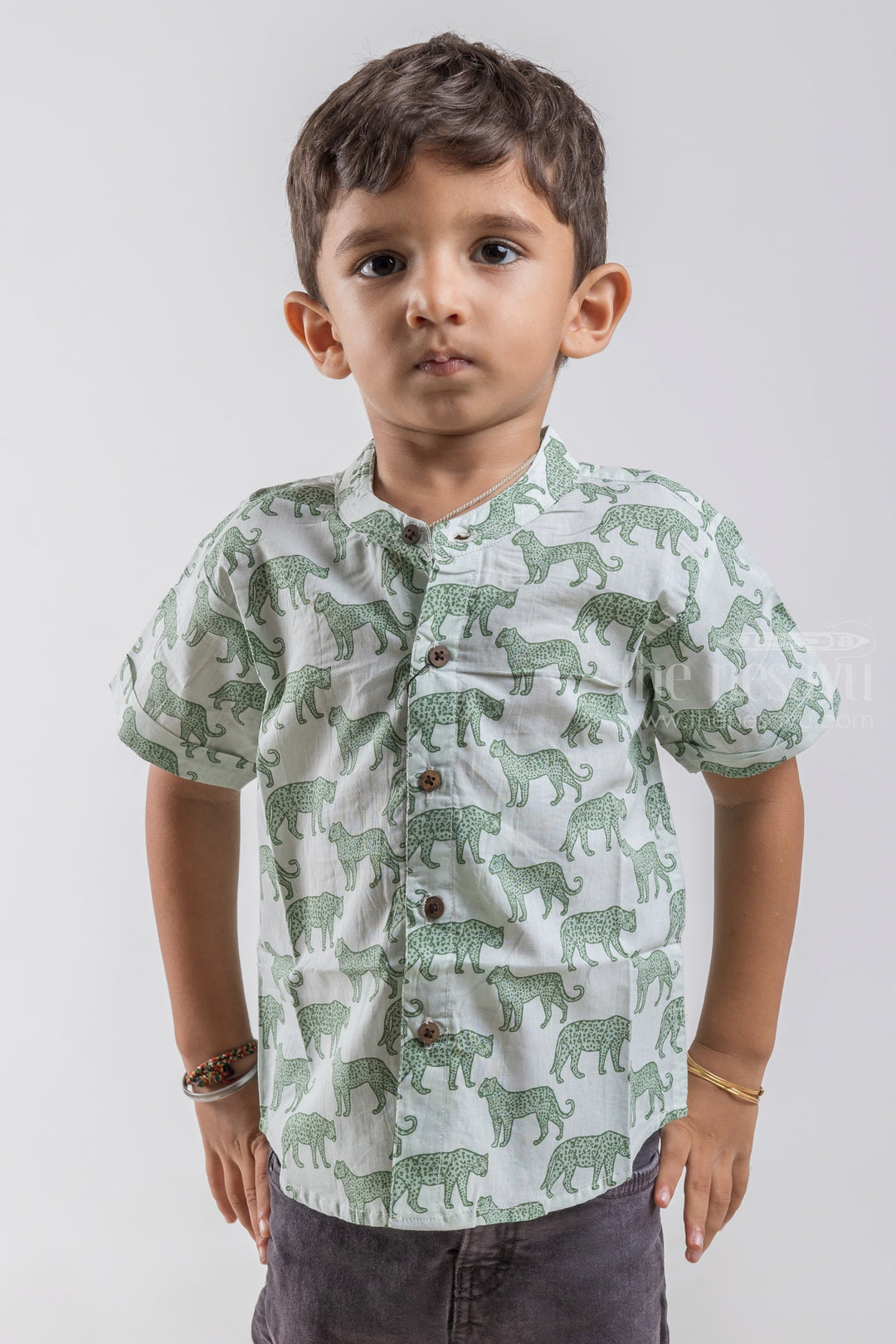 The Nesavu Boys Cotton Shirt Leopard Print Shirt for Boys | Pure Cotton | Nesavu | Exude Confidence and Style psr silks Nesavu 14 (6M) / Green / Cotton BS038B