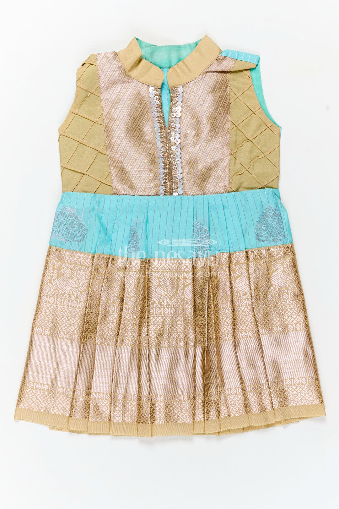 The Nesavu Girls Kanchi Silk Frock Light Blue Ethnic Dress for Girls in Semi Kanchivaram Silk with Lace Embellished Yoke and Gold Pleated Skirt Nesavu 14 (6M) / Blue / Style 1 SF817FA-14 Nesavu Light Blue Ethnic Dress Girls Semi Kanchivaram Silk Golden Pleats Lace Yoke