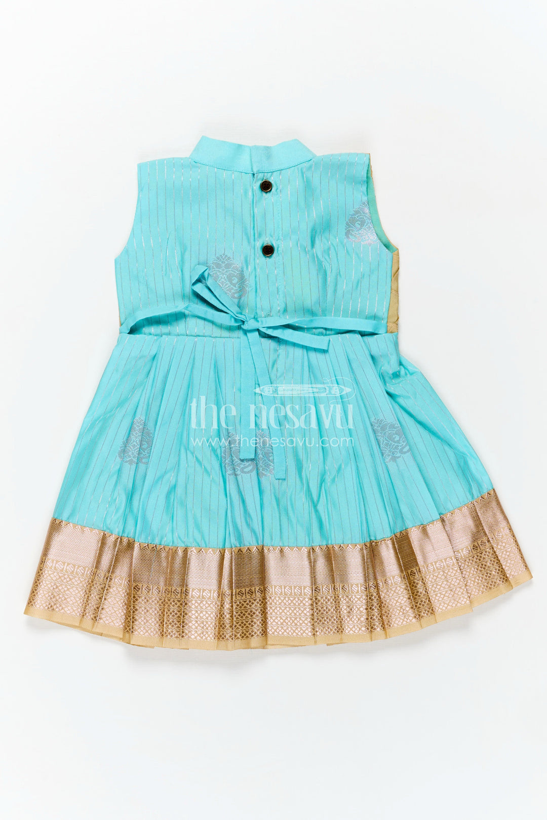 The Nesavu Girls Kanchi Silk Frock Light Blue Ethnic Dress for Girls in Semi Kanchivaram Silk with Lace Embellished Yoke and Gold Pleated Skirt Nesavu Nesavu Light Blue Ethnic Dress Girls Semi Kanchivaram Silk Golden Pleats Lace Yoke