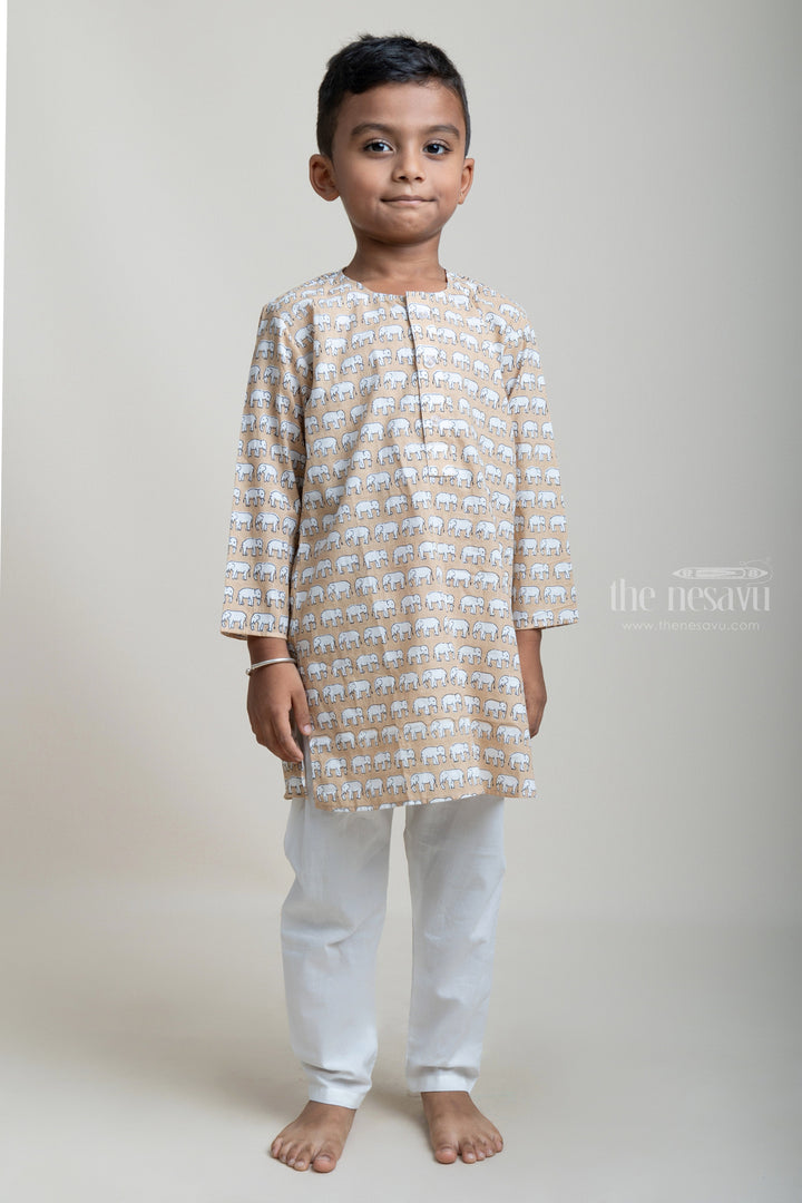 The Nesavu Boys Kurtha Set Light Brown Animal Printed Cotton Kurta And Pure White Pyjama For Boys psr silks Nesavu 16 (1Y) / Brown / Cotton BES202B