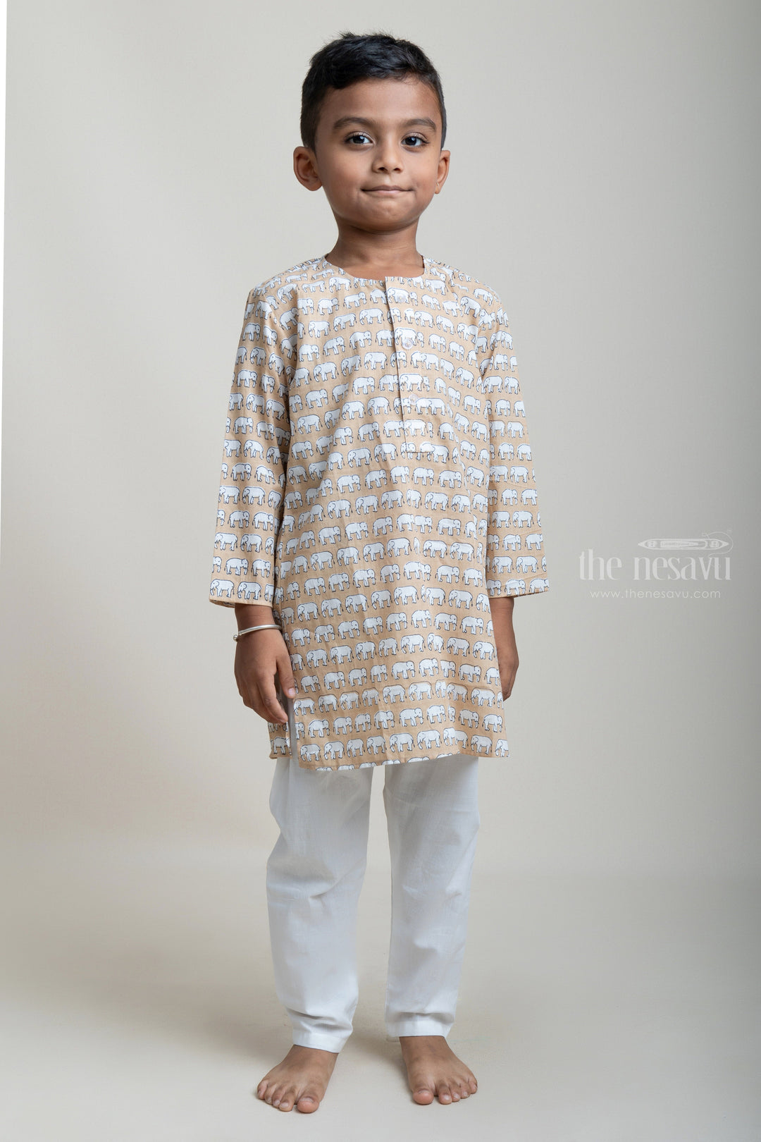 The Nesavu Boys Kurtha Set Light Brown Animal Printed Cotton Kurta And Pure White Pyjama For Boys psr silks Nesavu 16 (1Y) / Brown / Cotton BES202B