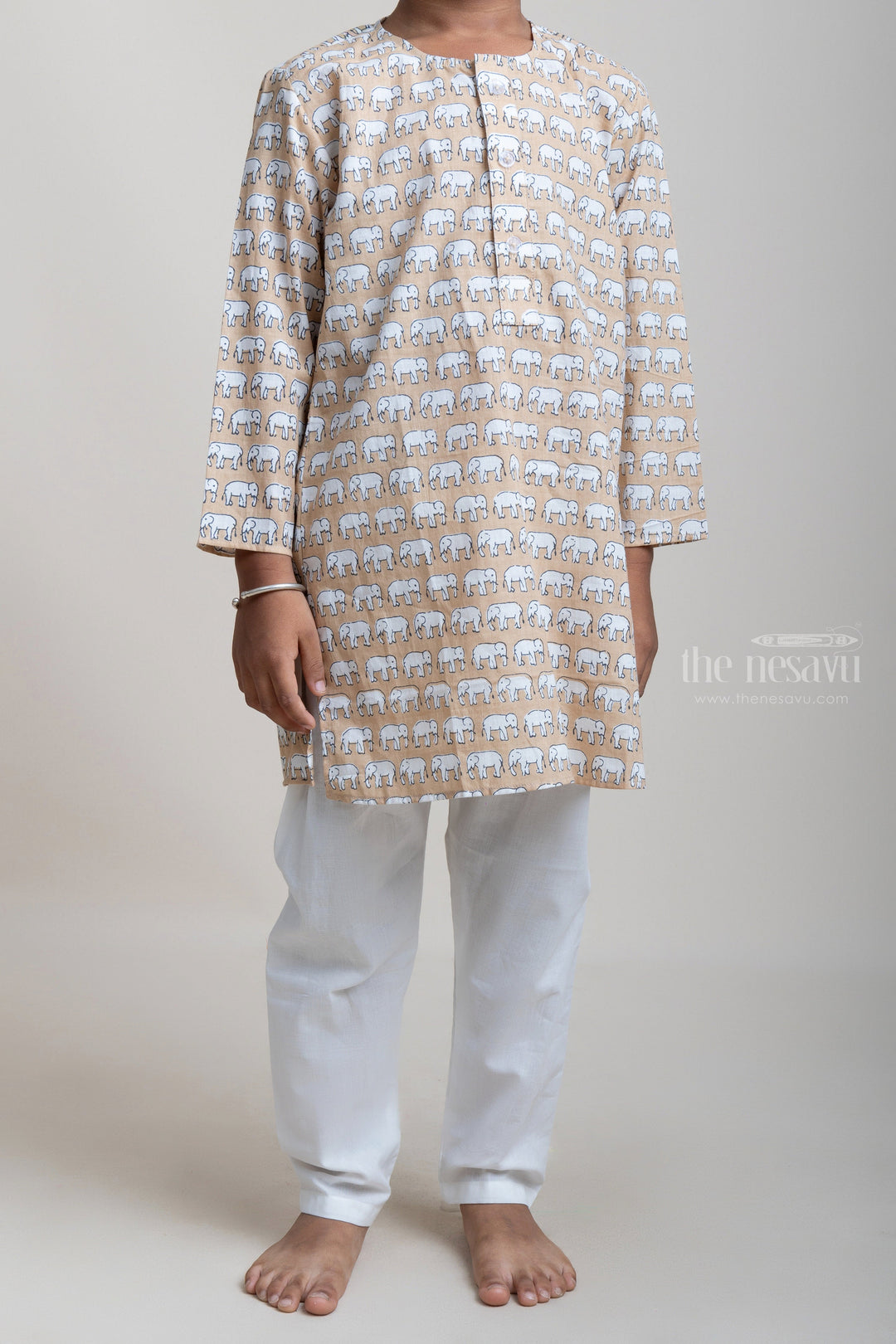 The Nesavu Boys Kurtha Set Light Brown Animal Printed Cotton Kurta And Pure White Pyjama For Boys psr silks Nesavu