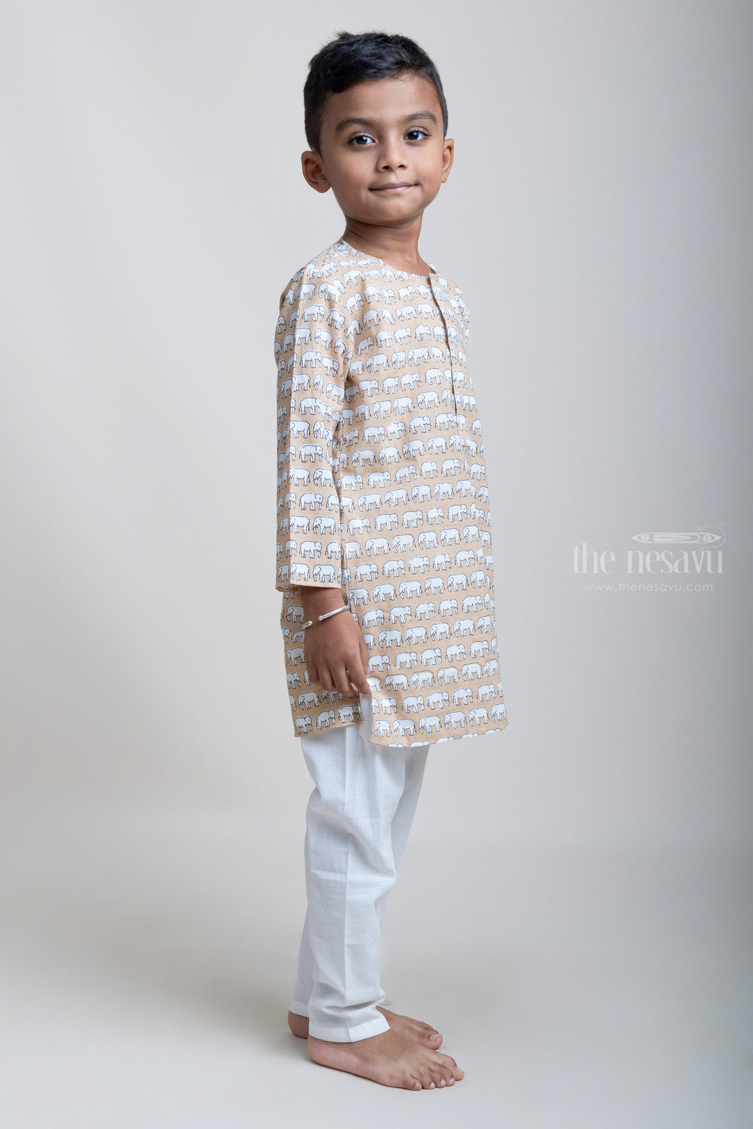 The Nesavu Boys Kurtha Set Light Brown Animal Printed Cotton Kurta And Pure White Pyjama For Boys psr silks Nesavu