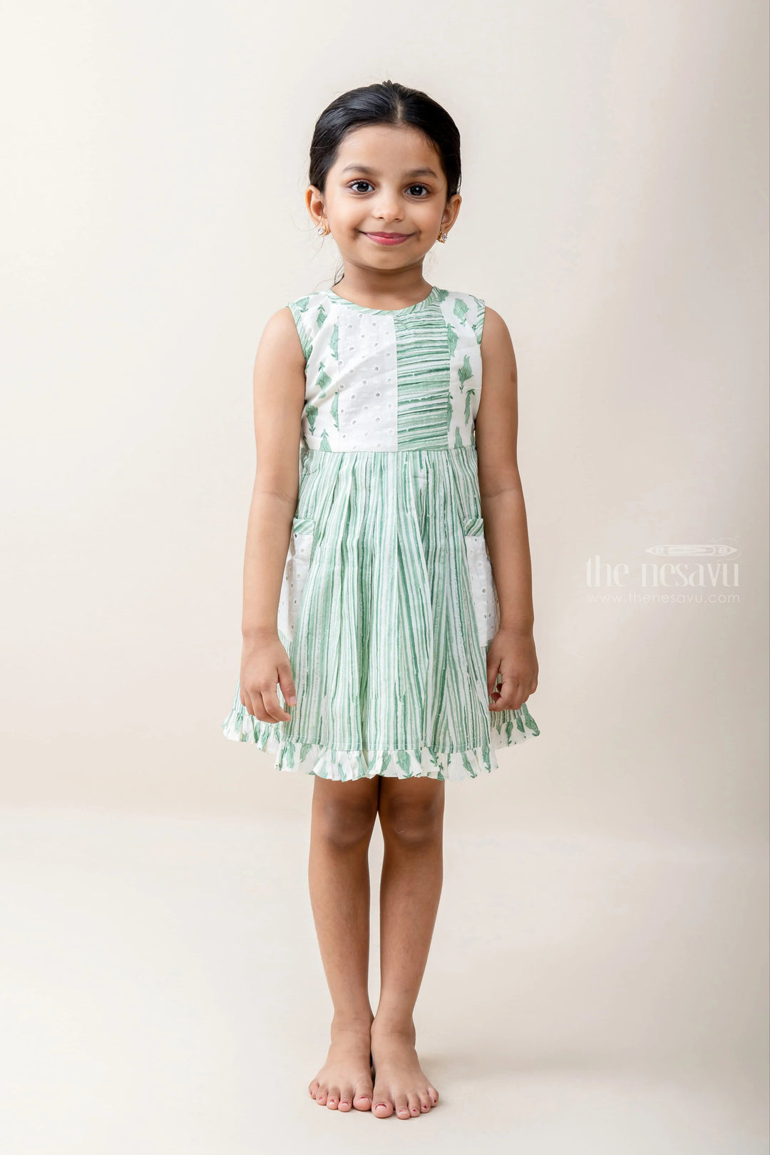 The Nesavu Baby Cotton Frocks Light Green Designer Fabric Embellished Cotton Gown For Baby Girls psr silks Nesavu 14 (6M) / Green / Cotton BFJ336A