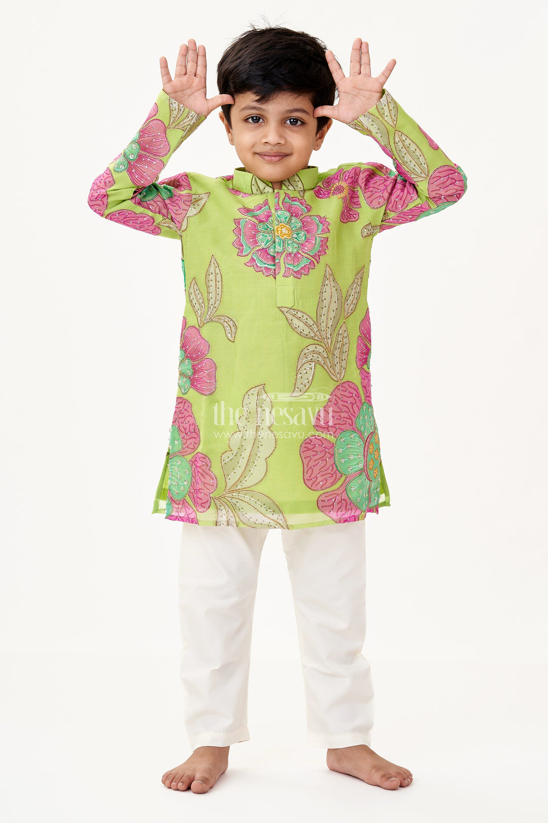 The Nesavu Boys Kurtha Set Light Green Kurta Set for Boys with Viscose Silk Digital Print and Sequin Embroidery Detailing Nesavu 16 (1Y) / Green BES691A-16 Nesavu Light Green Kurta Set Boys Viscose Silk Floral Digital Print Sequin Embroidery