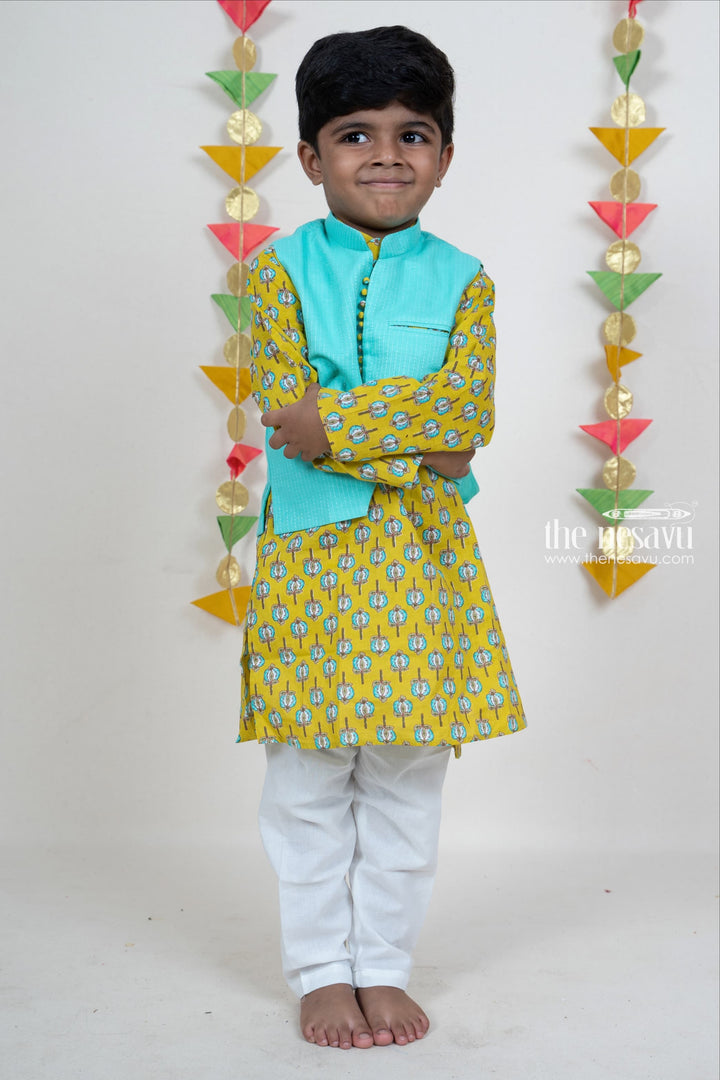 The Nesavu Boys Jacket Sets Light Green Soft Cotton Kurta With Overcoat For Boys Nesavu Kids Readymade Kurta For This Diwali | Baby Boys Ethnic Party Wear Ideas | The Nesavu