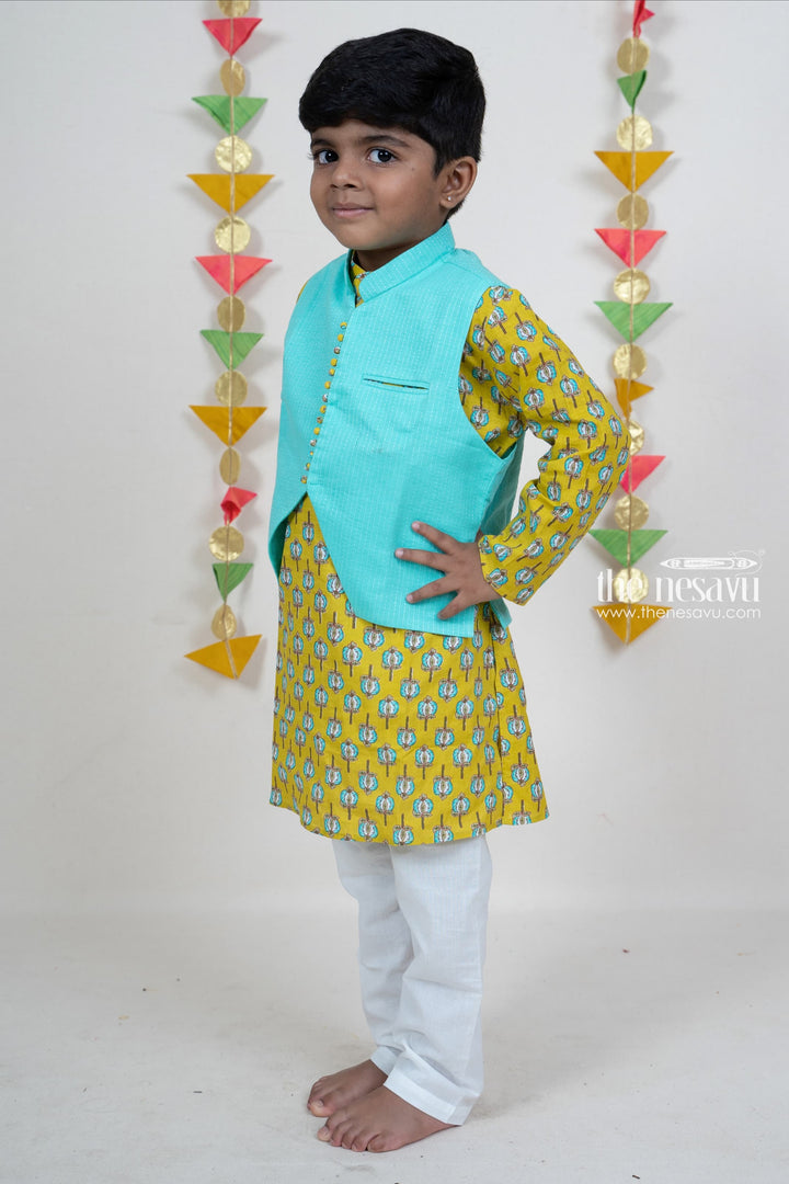 The Nesavu Boys Jacket Sets Light Green Soft Cotton Kurta With Overcoat For Boys Nesavu Kids Readymade Kurta For This Diwali | Baby Boys Ethnic Party Wear Ideas | The Nesavu