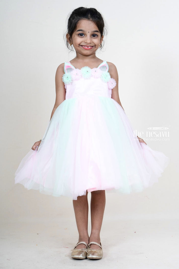 The Nesavu Girls Tutu Frock Light Green With Pink Kitty Eye Trimmed Party Gown For Baby Girls Nesavu 16 (1Y) / Green PF74B-16 Party Wear Gowns For Toddlers | Designer Floral Trims Patterns | The Nesavu