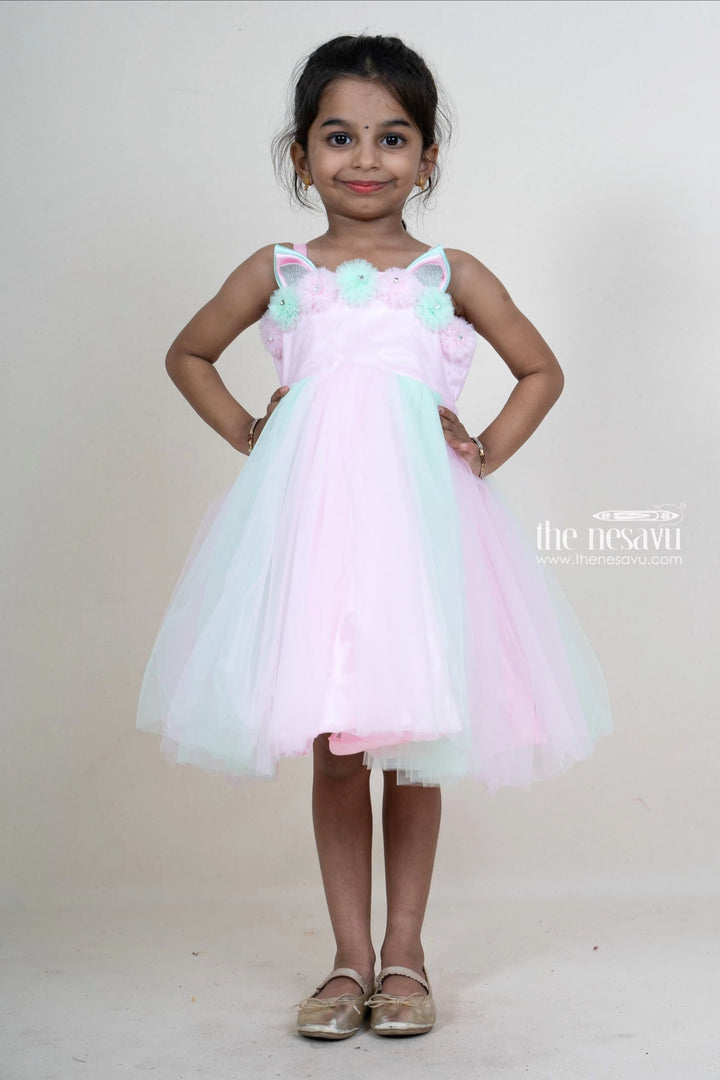 The Nesavu Girls Tutu Frock Light Green With Pink Kitty Eye Trimmed Party Gown For Baby Girls Nesavu Party Wear Gowns For Toddlers | Designer Floral Trims Patterns | The Nesavu