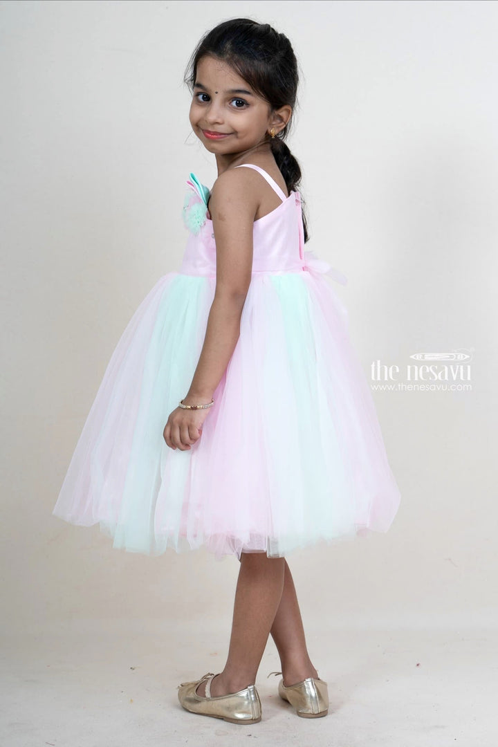 The Nesavu Girls Tutu Frock Light Green With Pink Kitty Eye Trimmed Party Gown For Baby Girls Nesavu Party Wear Gowns For Toddlers | Designer Floral Trims Patterns | The Nesavu