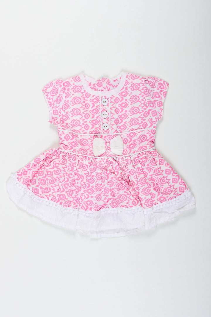 The Nesavu Girls Cotton Frock Light Pink Frock Suit for Girls in Rayon with Digital Print and Embroidered Lace Border Nesavu 12 (3M) / Pink BFJ780A-12 Nesavu Light Pink Frock Suit Girls Digital Print Lace Trimmed Hemline