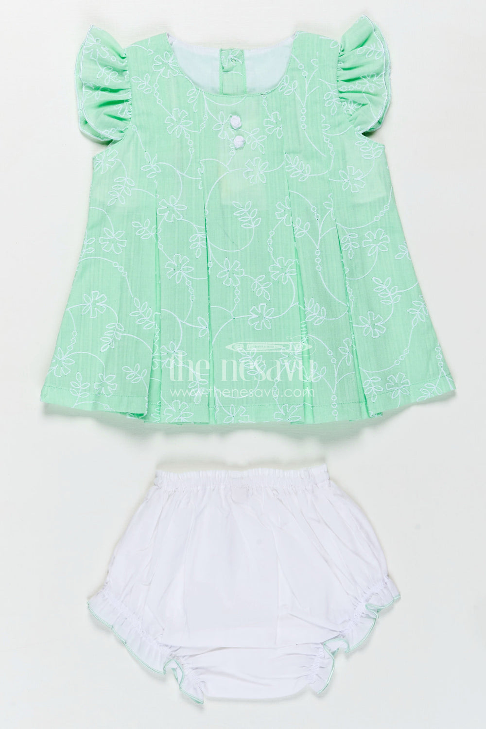 The Nesavu Baby Cotton Frocks Light Pink Frocks for Babies in Green Embroidered Cotton with Frilled Sleeves and Matching Bloomers Nesavu 12 (3M) / Green BFJ804C-12 Nesavu Light Pink Frocks Green Cotton Thread Embroidery Ruffled Bloomers Babies