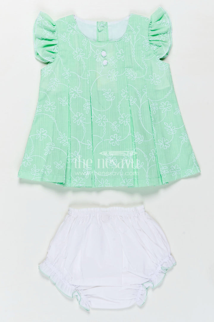 The Nesavu Baby Cotton Frocks Light Pink Frocks for Babies in Green Embroidered Cotton with Frilled Sleeves and Matching Bloomers Nesavu 12 (3M) / Green BFJ804C-12 Nesavu Light Pink Frocks Green Cotton Thread Embroidery Ruffled Bloomers Babies