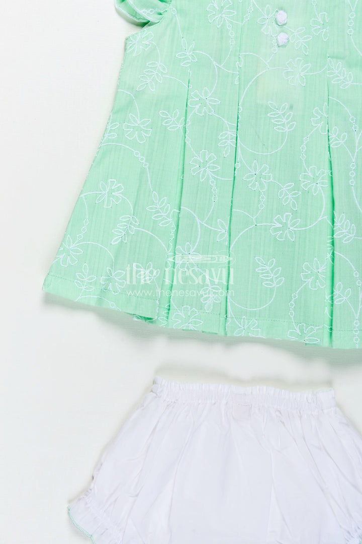 The Nesavu Baby Cotton Frocks Light Pink Frocks for Babies in Green Embroidered Cotton with Frilled Sleeves and Matching Bloomers Nesavu Nesavu Light Pink Frocks Green Cotton Thread Embroidery Ruffled Bloomers Babies