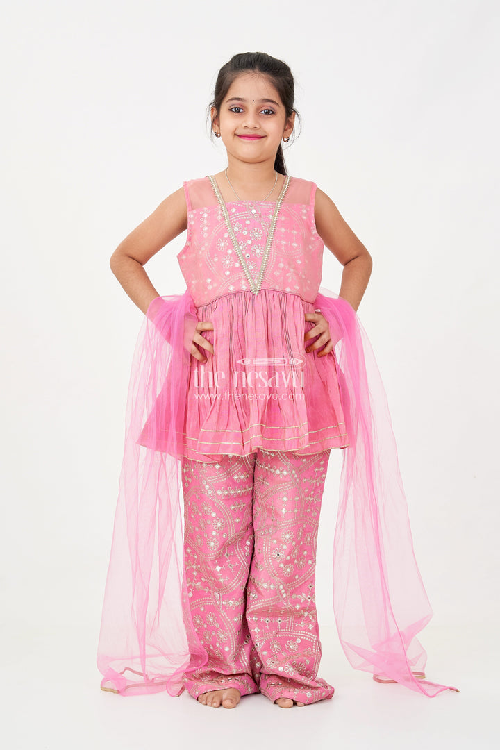 The Nesavu Girls Sharara / Plazo Set Light Pink Sharara Set with Designer Embroidery Peplum Top and Sequin Work Pants for Girls Nesavu Nesavu Light Pink Sharara Set Girls Embroidered Peplum Top Sequin Sharara Pants