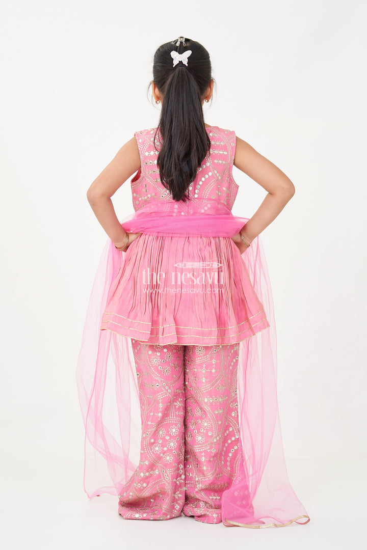 The Nesavu Girls Sharara / Plazo Set Light Pink Sharara Set with Designer Embroidery Peplum Top and Sequin Work Pants for Girls Nesavu Nesavu Light Pink Sharara Set Girls Embroidered Peplum Top Sequin Sharara Pants